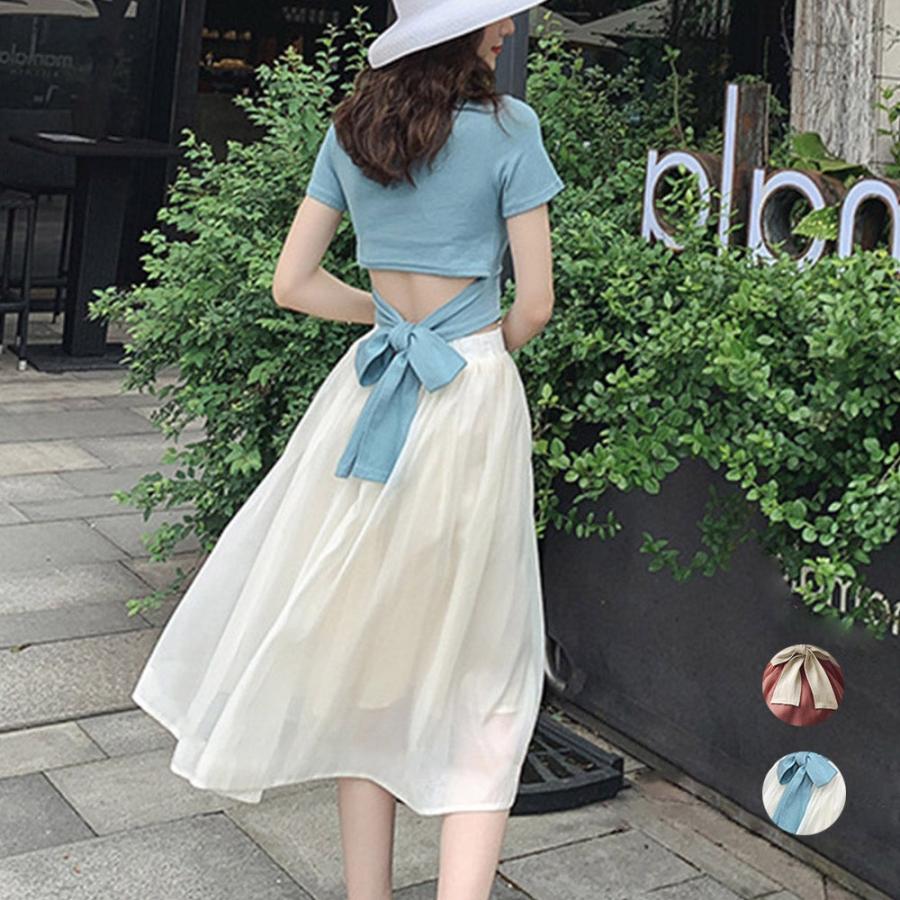 セットアップ レディース 春夏 半袖 Tシャツ バックリボン ショート丈  