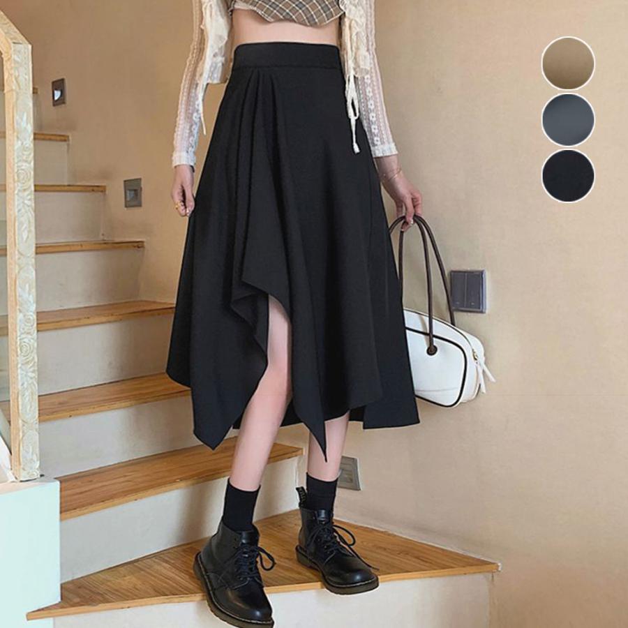 スカート レディース 春夏秋 膝下丈 Aライン フレア 裾不規則 ハイ