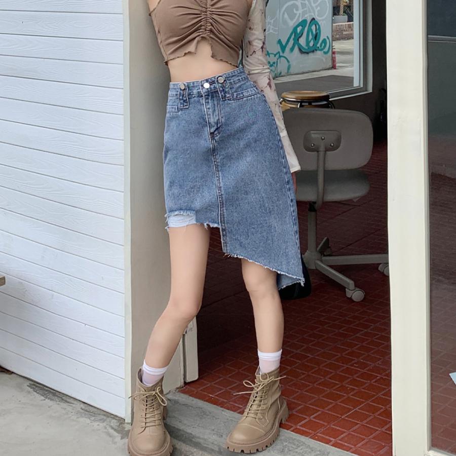 デニムスカート レディース 春夏秋 膝丈 タイト アシンメトリー