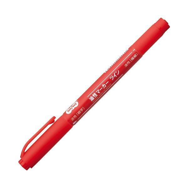 （まとめ） TANOSEE キャップ式油性マーカー ツイン 細字+極細 赤 1セット（50本） 〔×4セット〕