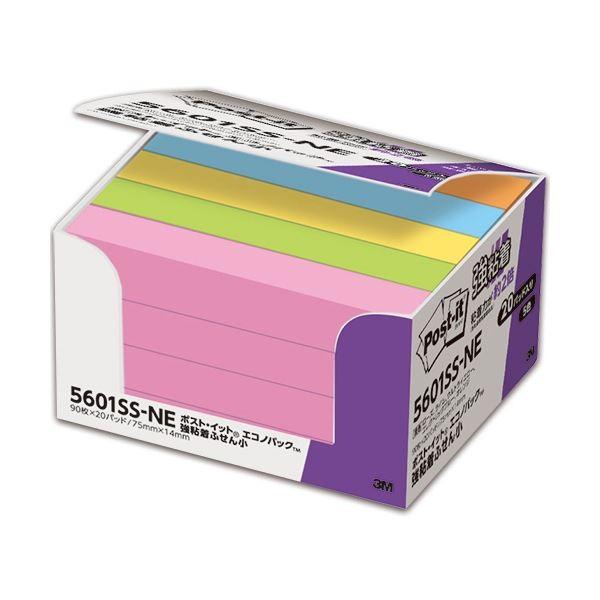 （まとめ） 3M ポスト・イット 強粘着エコノパック ふせん 小 75×14mm ネオンカラー 5色混色 5601SS-NE 1パック（20冊） 〔×5セット〕