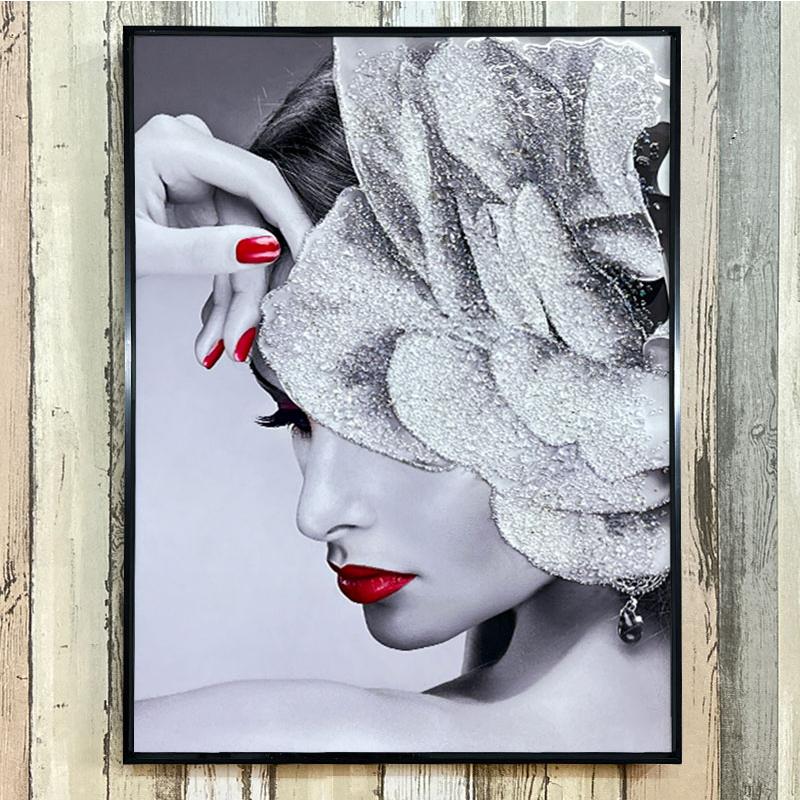 水晶絵　アートパネル　クリスタル　立体　絵画　アート　花　ブラック　ホワイト　女 水晶絵 アートパネル クリスタル 立体 絵画 アート 花 ブラック