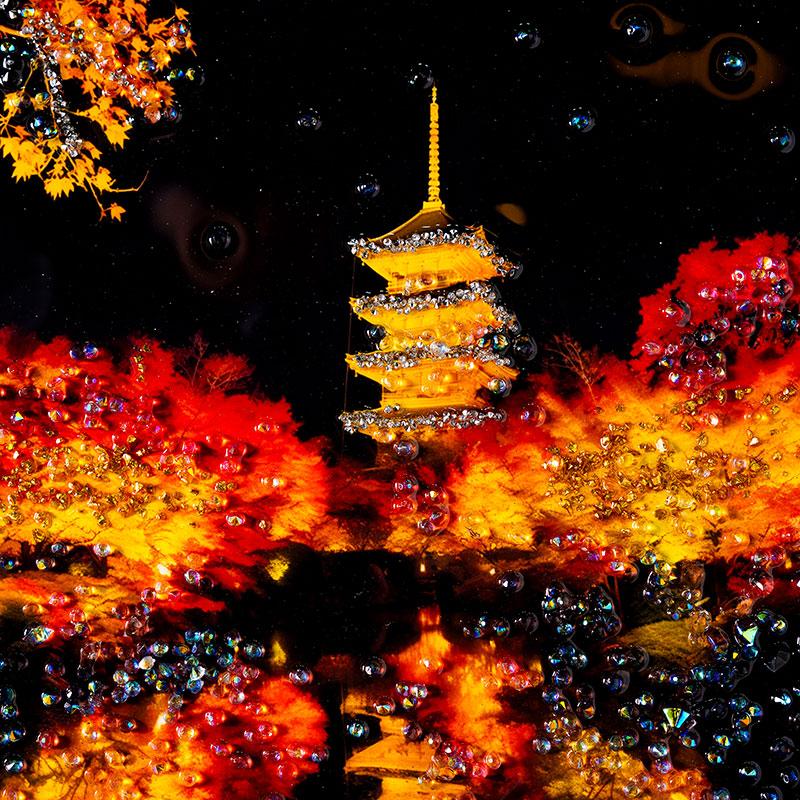 水晶パネル アートパネル 40×50cm 風景 京都 五重塔 紅葉 秋 金