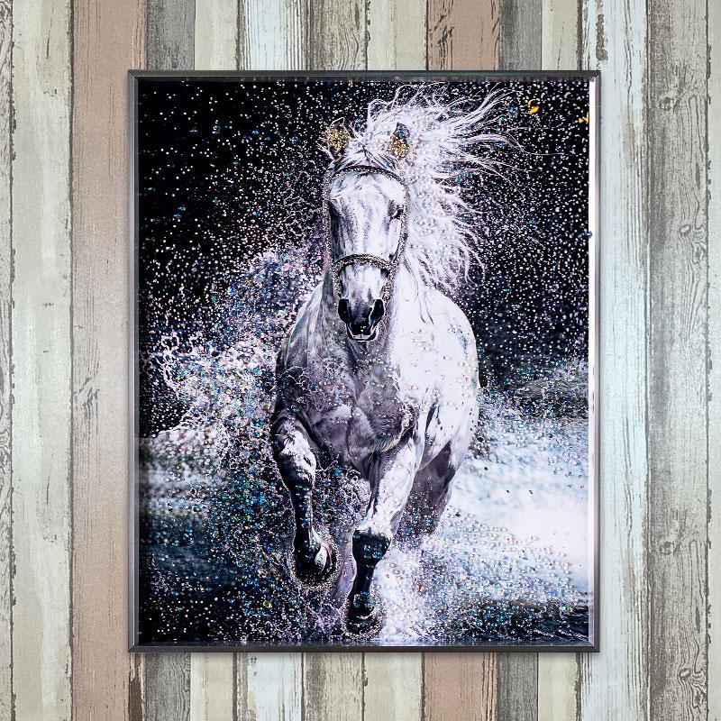 アートパネル　馬　モノクロ　水晶絵　白馬　絵　額縁　壁掛け　アート　額絵　ウマ 水晶パネル アートパネル 40×50cm 50×40cm 白馬 駿馬 銀フレーム付き