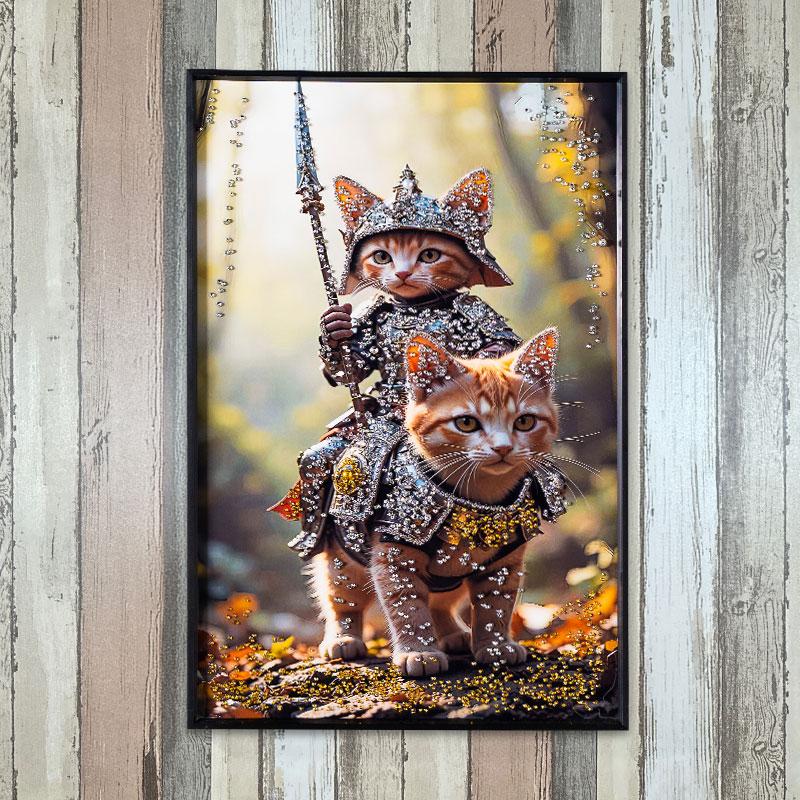 水晶パネル アートパネル 40×60cm 60×40cm 猫 ねこ 騎士 黒フレーム