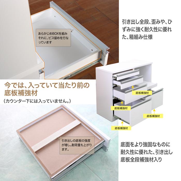 キッチンカウンター ソフトクローズ 引き出し3個 ホワイト 鏡面仕上げ 