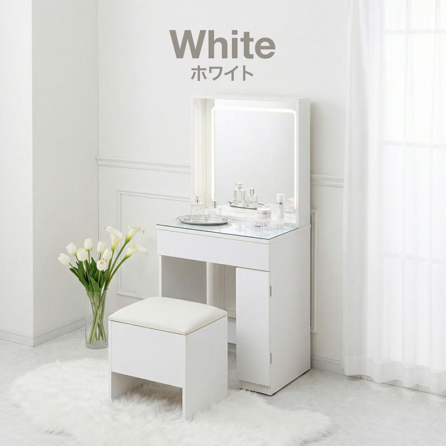 ホワイト ドレッサー・鏡台 スツール付き ドレッサー スツール付き LED 調整 幅60cm デスク ミラー 椅子も収納