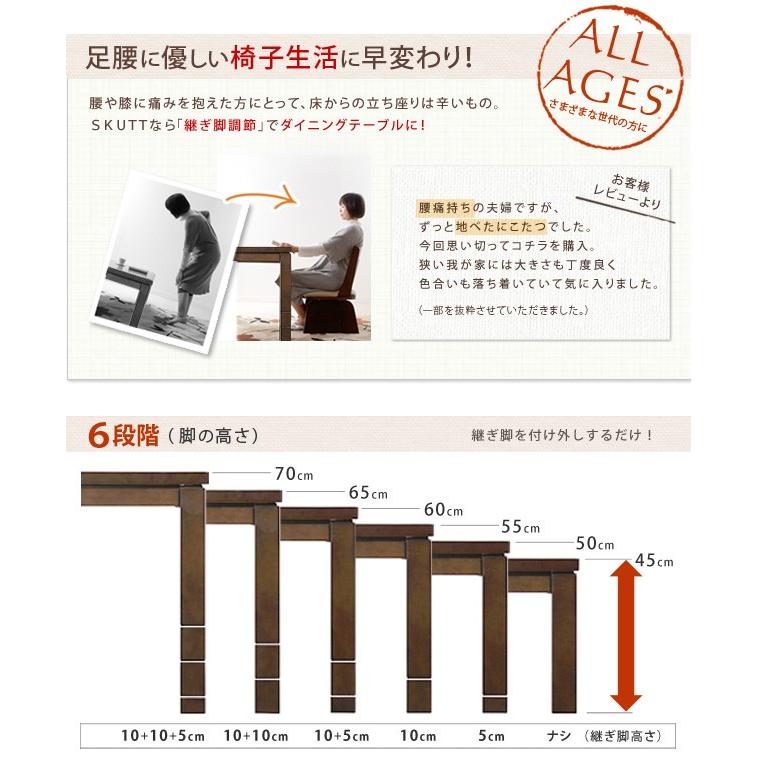 Skutt 60×90 ハイタイプこたつテーブル こたつ 炬燵 こたつ単品 継ぎ脚 高さ調節 石英管ヒーター 中間スイッチ 省エネ 節電の画像