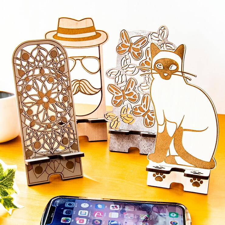 スマホスタンド 卓上 ベッド 木製 柄あり かわいい 充電コード対応