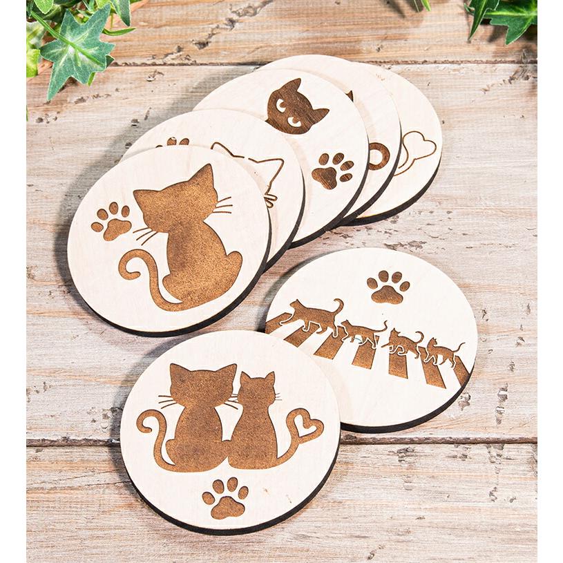 コースター 4枚セット 木製 7種から選べるデザイン 猫 ネコ 約9cm×9cm 