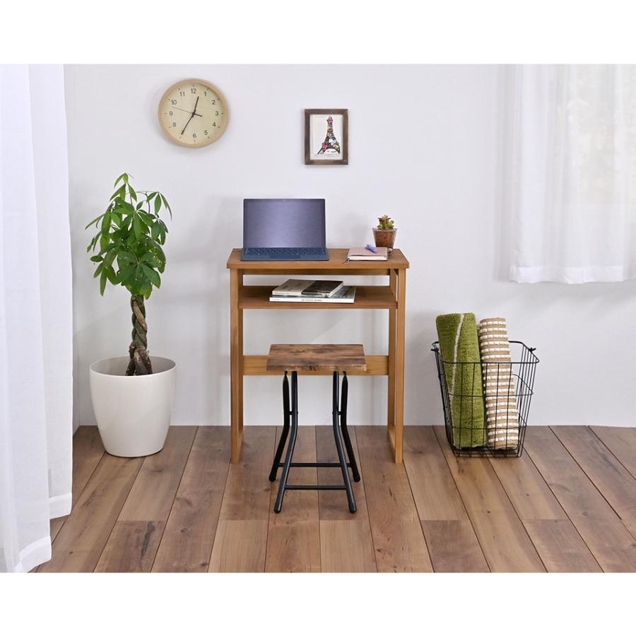 デスク 幅60cm 机 ブラウン ミニ コンパクト 学習机 収納付き 天然木