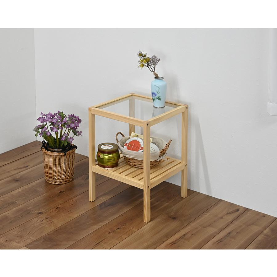 サイドテーブル 幅35cm ガラス天板 ナチュラル ガラステーブル 木製