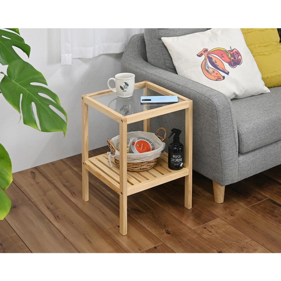 サイドテーブル 幅35cm ガラス天板 ナチュラル ガラステーブル 木製