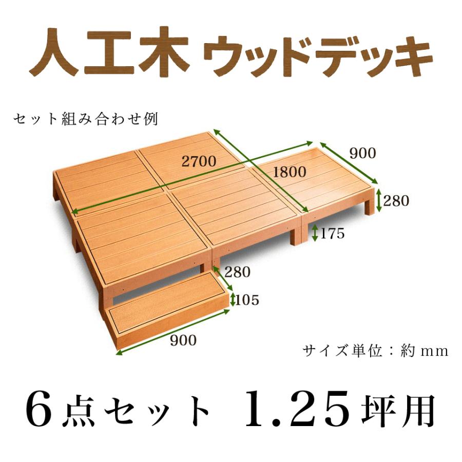 縁台 6点セット 1.25坪 踏み台付き 人工木材 ロータイプ 樹脂 丈夫 デッキ 木目 人工木 送料無料 ウッドデッキ ブラウン 縁側 腐りにくい 幅90cm bakugai202602_1