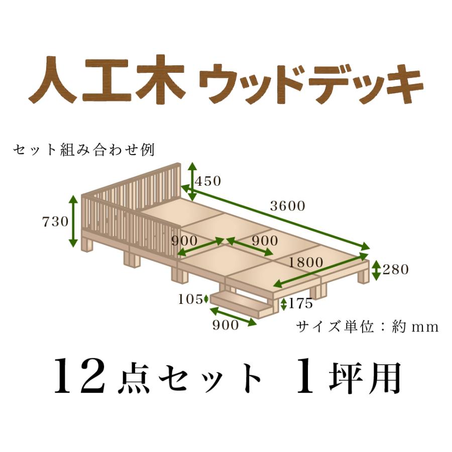 ウッドデッキ 12点セット 4帖 2坪 人工木材 ロータイプ テラス 丈夫 