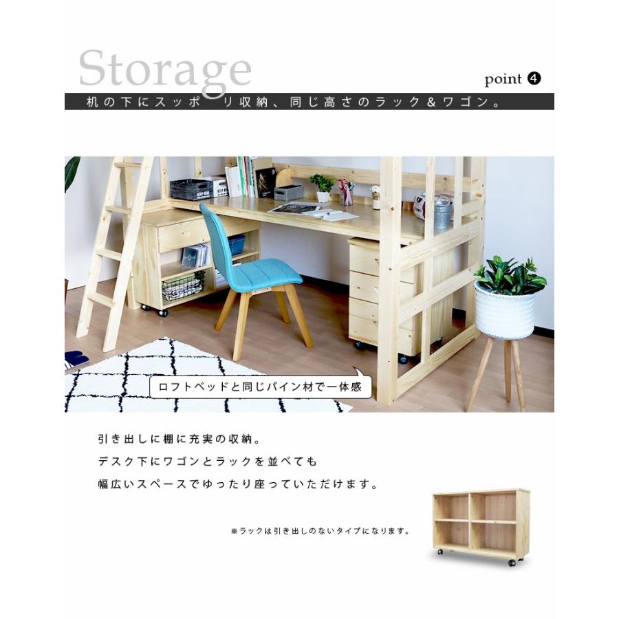 ロフトベッド ハイタイプ 机付き シングル はしご 収納 ワゴン付き