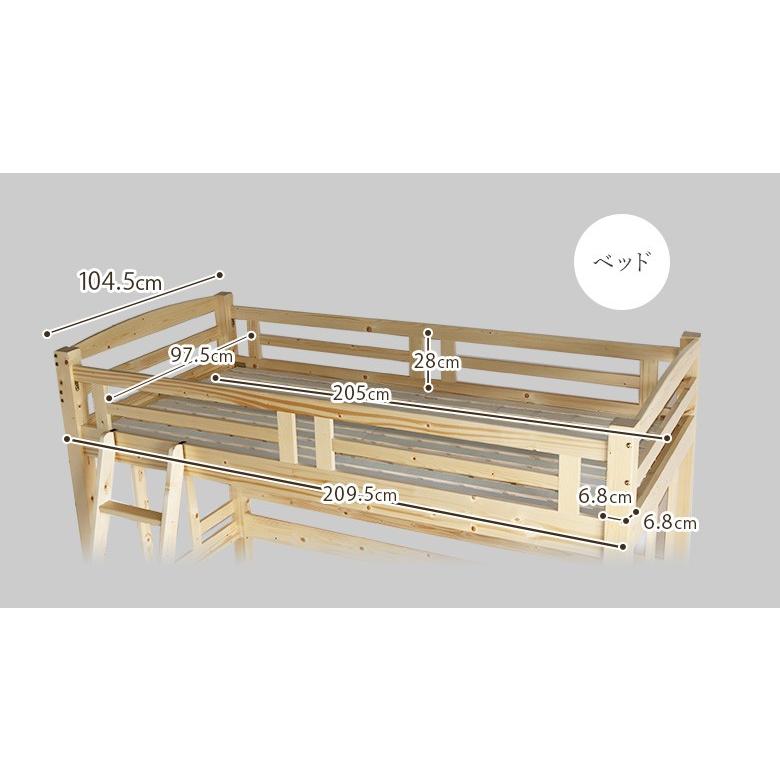 ロフトベッド ハイタイプ シングル 机付き ハシゴタイプ ベッド下140