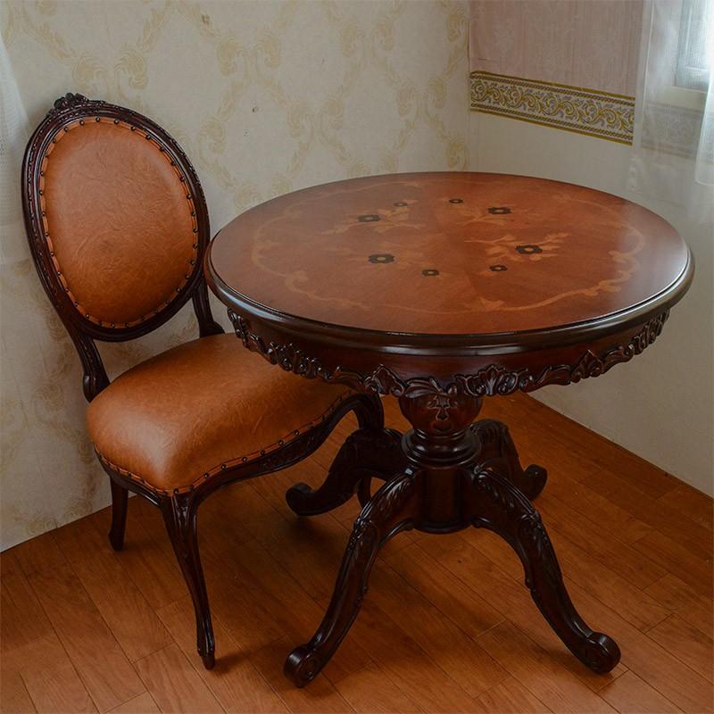 輸入家具 アンティーク調 マホガニー ダイニング テーブル 3点セット 丸：80x80花柄：ブラウン（3タイプからお好きなお椅子を） オープン