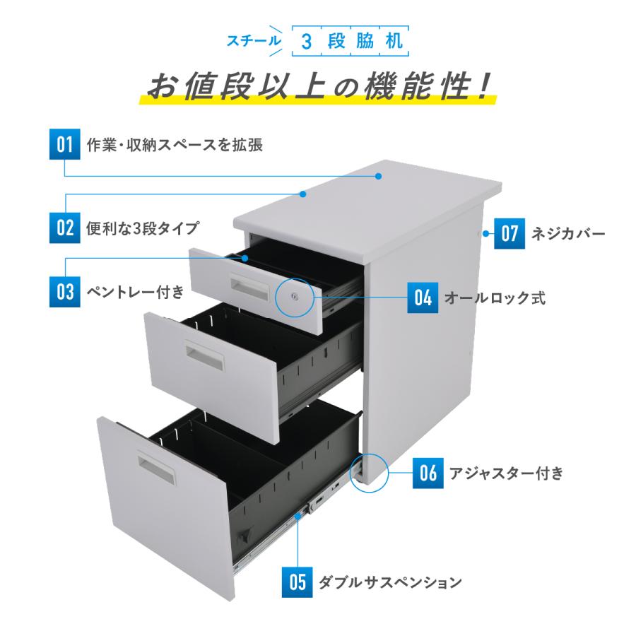 スチール3段脇机 W400 D700 H700 サイドキャビネット 袖机 サイドデスク サイドキャビネット 脇デスク デスクサイド ニューグレー 法人宛限定 KD-047-3の画像