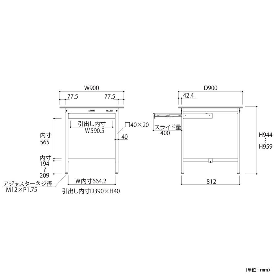国内メーカー品 ワイド引出し付き固定式ワークテーブル ハイタイプ W900 D900 H950 全面棚板無し 作業台 鳥居脚 代引不可 法人宛限定 YI-SUPH990Wの画像