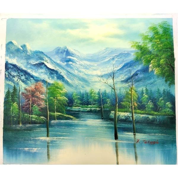 〔 迫力ある大きい油絵 〕 油絵額 F10号サイズ 高木タケシ 「自然の調和」 豪華な金のフレーム 自然画 油彩 油彩画 絵画額の画像