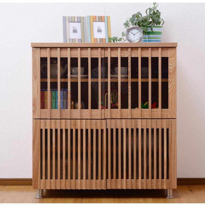 幅90cm 4マス キャビネット リビング収納 タモ材 天然木 完成品 日本製