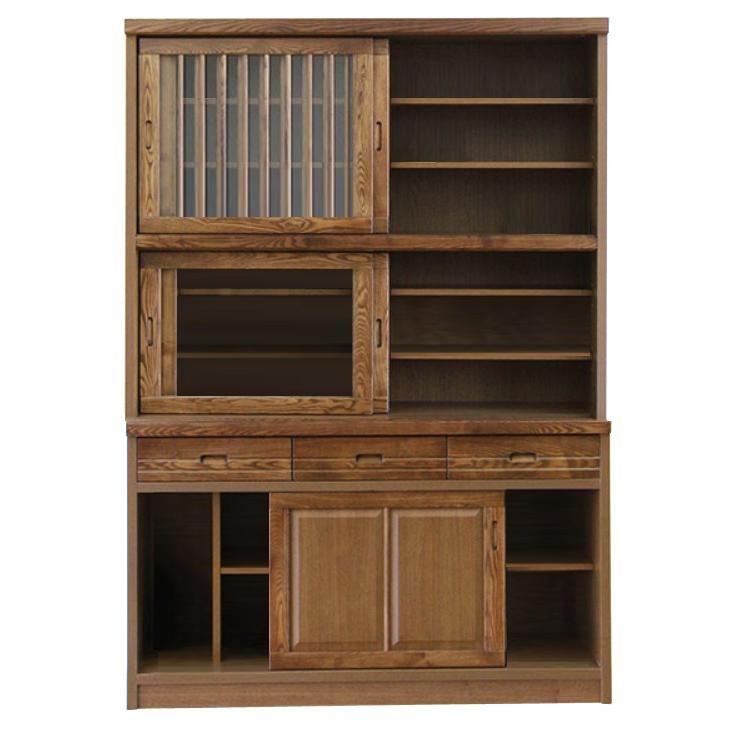 大川家具　食器棚　ブラウン 開梱設置付] 幅133cm 引き戸 食器棚 ブラウン 茶色 タモ材 ガラス 木製