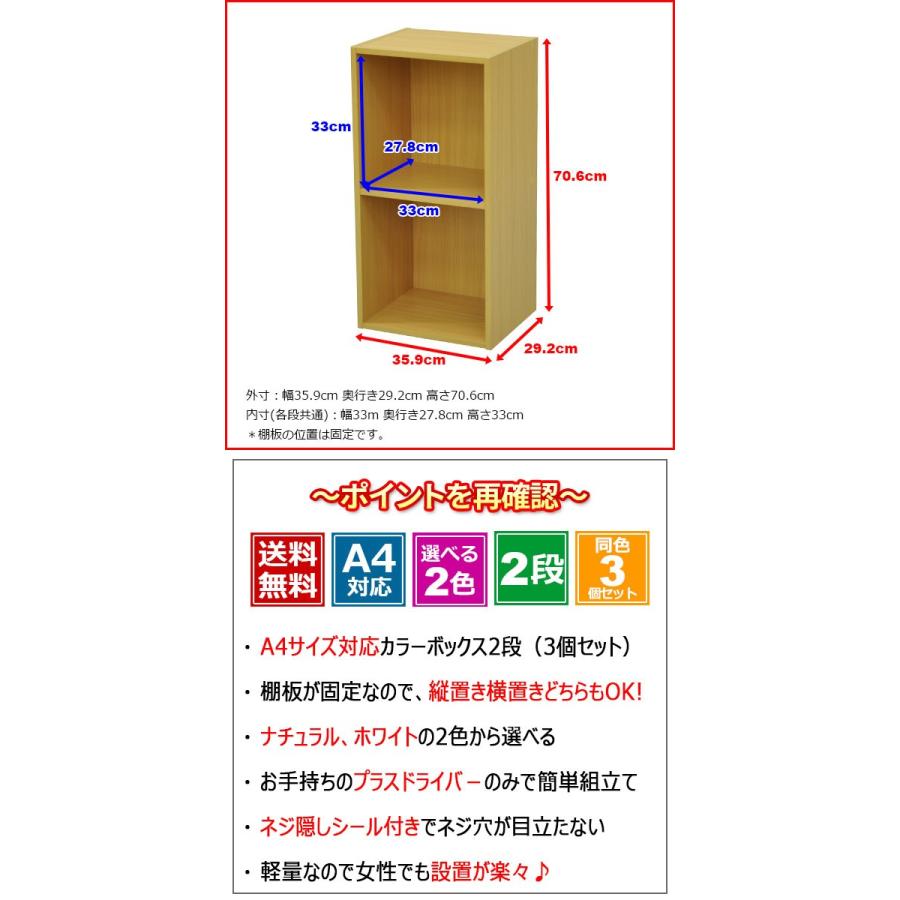 A4対応カラーボックス2段 (3個)幅35.9cm 奥行き29.2cm 高さ70.6cm 送料