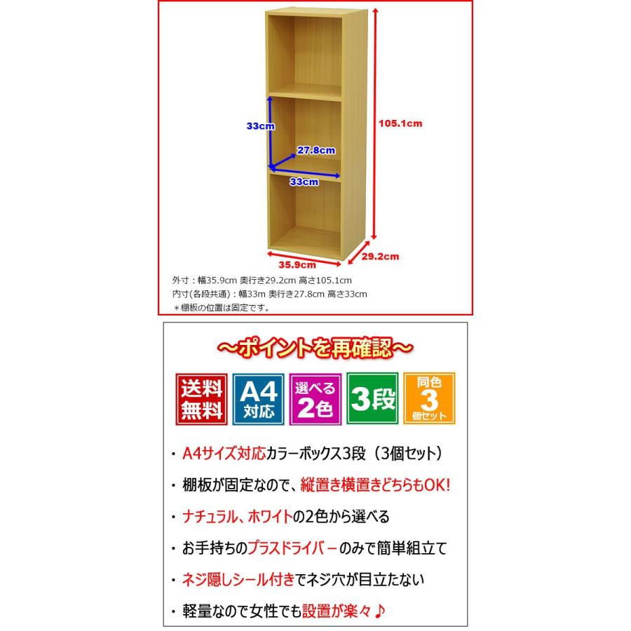 A4対応カラーボックス3段 (3個)幅35.9cm 奥行き29.2cm 高さ105.1cm