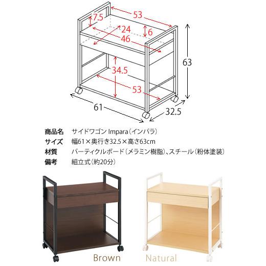 サイドワゴン 2段 スリム キャスター付き 引き出し 取っ手 A4サイズ