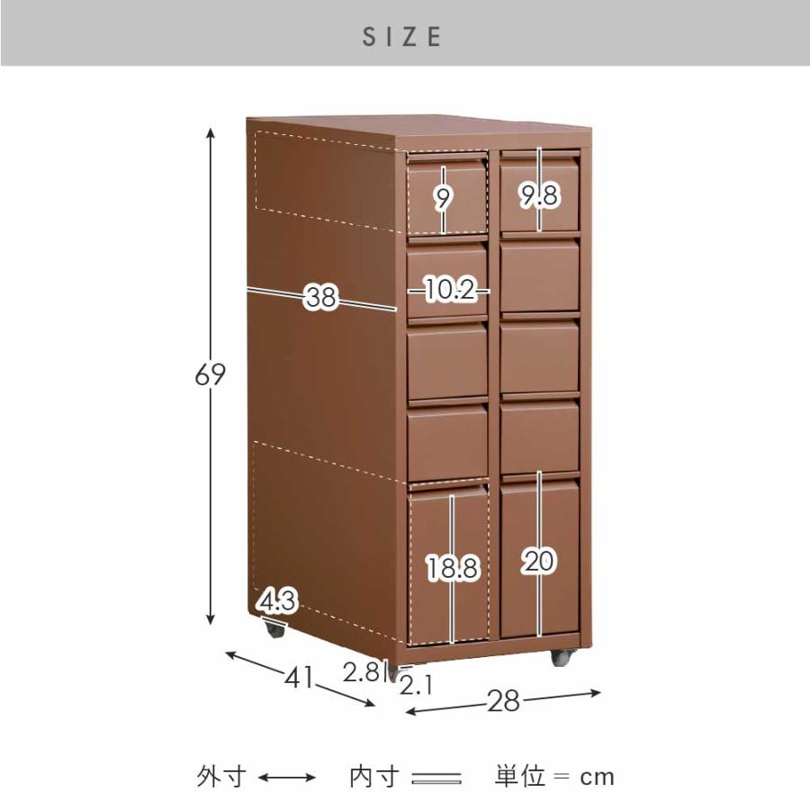 スチール チェスト 5段×2列 スリム キャスター付き A4サイズが入る 幅