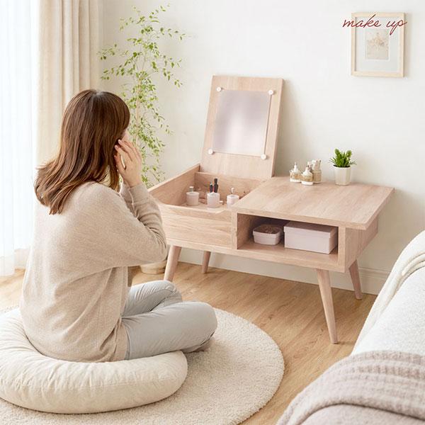 木製シンプルドレッサー 鏡付き ドレッサー デスク ロータイプ 鏡付き (約)73×40 天然木 ラバーウッド