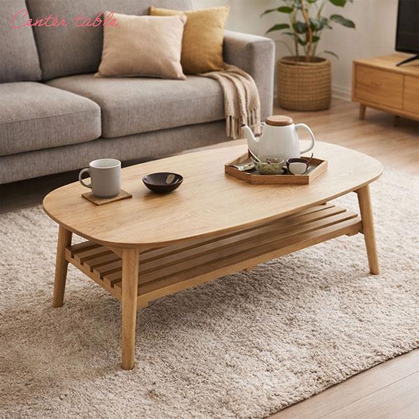 ローテーブル 折りたたみ テーブル 楕円 棚付き 90×40 完成品 折れ脚