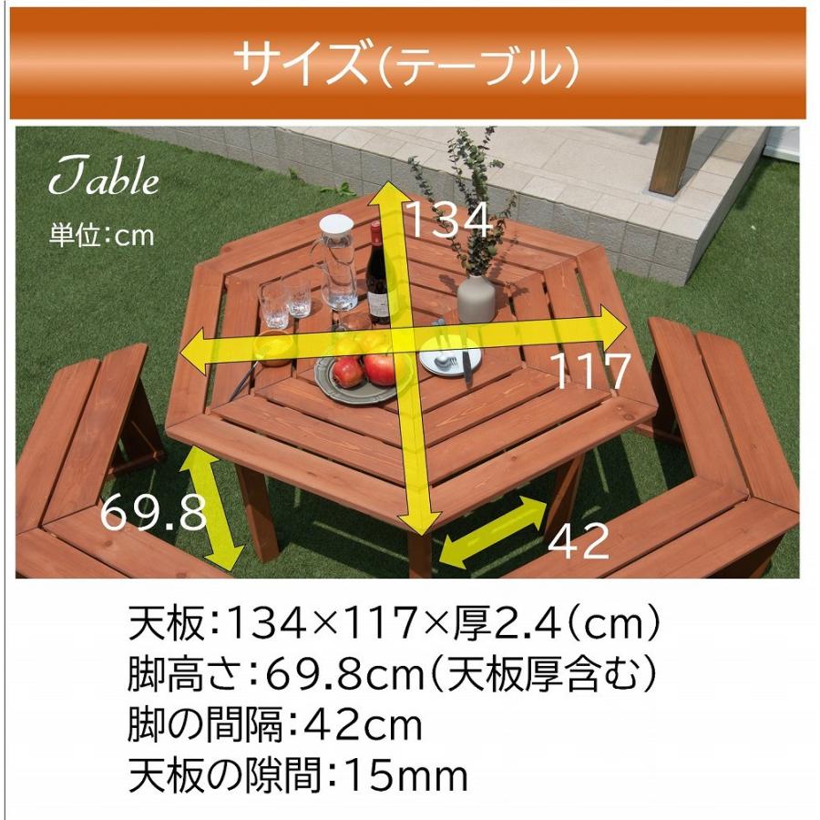 ガーデンテーブルセット 6人掛け おしゃれ 4点セット DIY ベンチ ガーデンチェア 木製 六角 パラソル穴付き 大人数 デッキ ガーデンファニチャー 