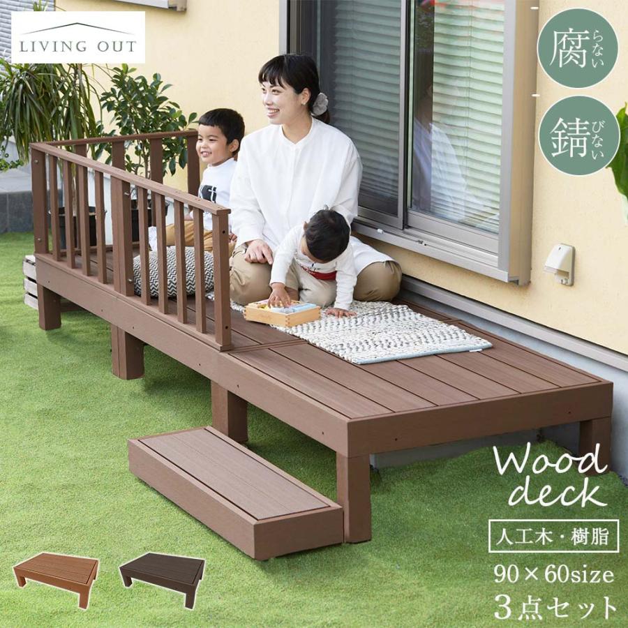 ウッドデッキ 90×60cm 3点セット 人工木 DIYキット 高さ低め 縁台