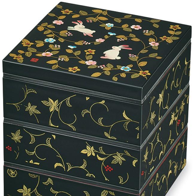 3段角重(小) 花の小路 うさぎと小花の可愛い文様 重箱 お弁当箱 ランチ