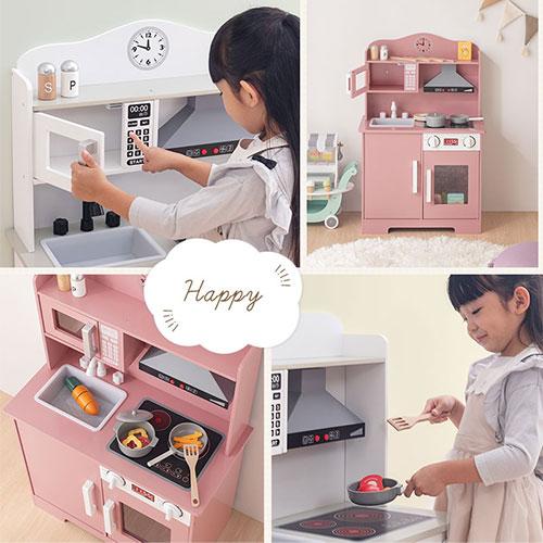 【完成品】 おままごと キッチン おままごとセット ままごとキッチン 光る 音が鳴る ごっこ遊び 棚 木製 電子レンジ風 おもちゃ プレゼント FRETTEL フレッテルの画像