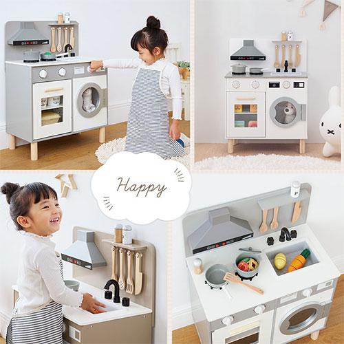 【完成品設置付き】 おままごと キッチン おままごとセット ままごとキッチン ごっこ遊び 棚 収納 おもちゃ コンロ 調理器具 プレゼント FRETTEL フレッテルの画像