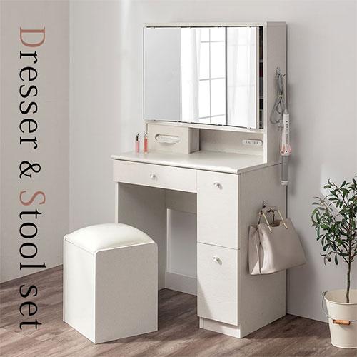 ぼん家具 【完成品】 ドレッサー 三面鏡 椅子付き 化粧台 鏡 3面ミラー