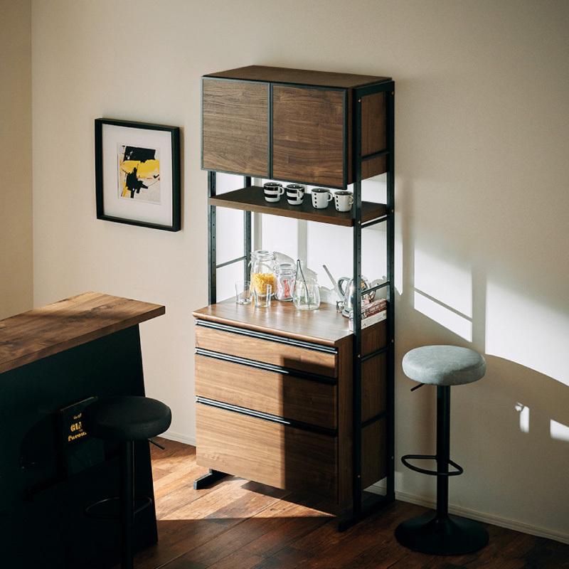 キッチンボード 食器棚 日本製 幅84cm 収納 ダイニング インダストリアル カフェ風 木 黒 金属 高さ調整 カスタマイズ スパイク 家具、インテリア キッチン収納 食器棚、レンジ台