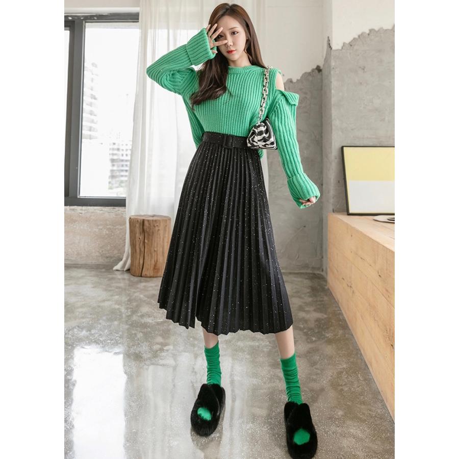 ロングスカート スカート レディース プリーツスカート ベルト付き  