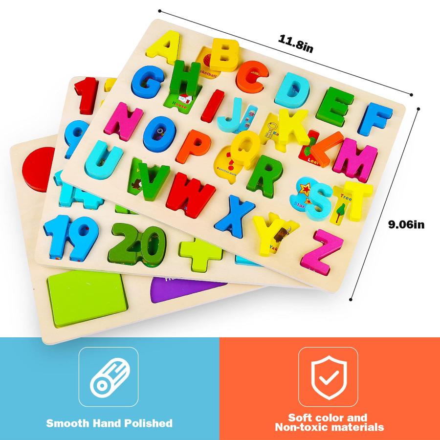 新品最安値 Wooden Puzzles for Toddlers， Voamuw Alphabet Number Shape Learning Puzzle for Kids Ages 3 4 5， Montessori Toys Preschool Education Gift Chunky Jigsaw