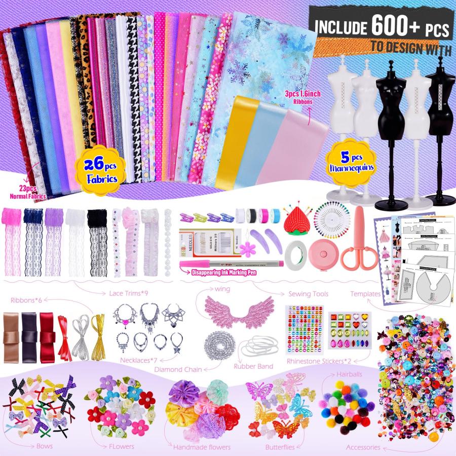 予約早割 600+Pcs - Fashion Designer Kit for Girls with 5 Mannequins - Creativity DIY Arts and Crafts Kit Educational Toys - Sewing Kit for Kids Ages 8-12 - Tee
