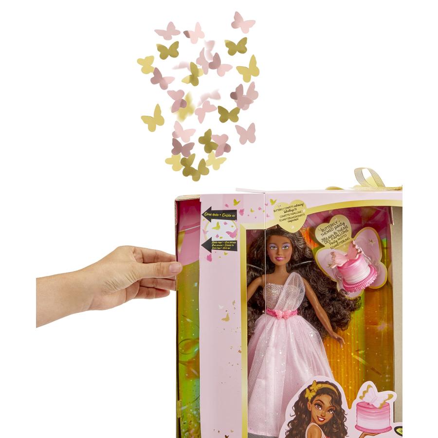 【本物新品保証】 MGA Entertainment Dream Ella Let´s Celebrate Doll - Yasmin， Pink ＆ Gold Glitter Butterfly Confetti Unboxing 11.5 Black Hair Party Fashion Do並行輸入