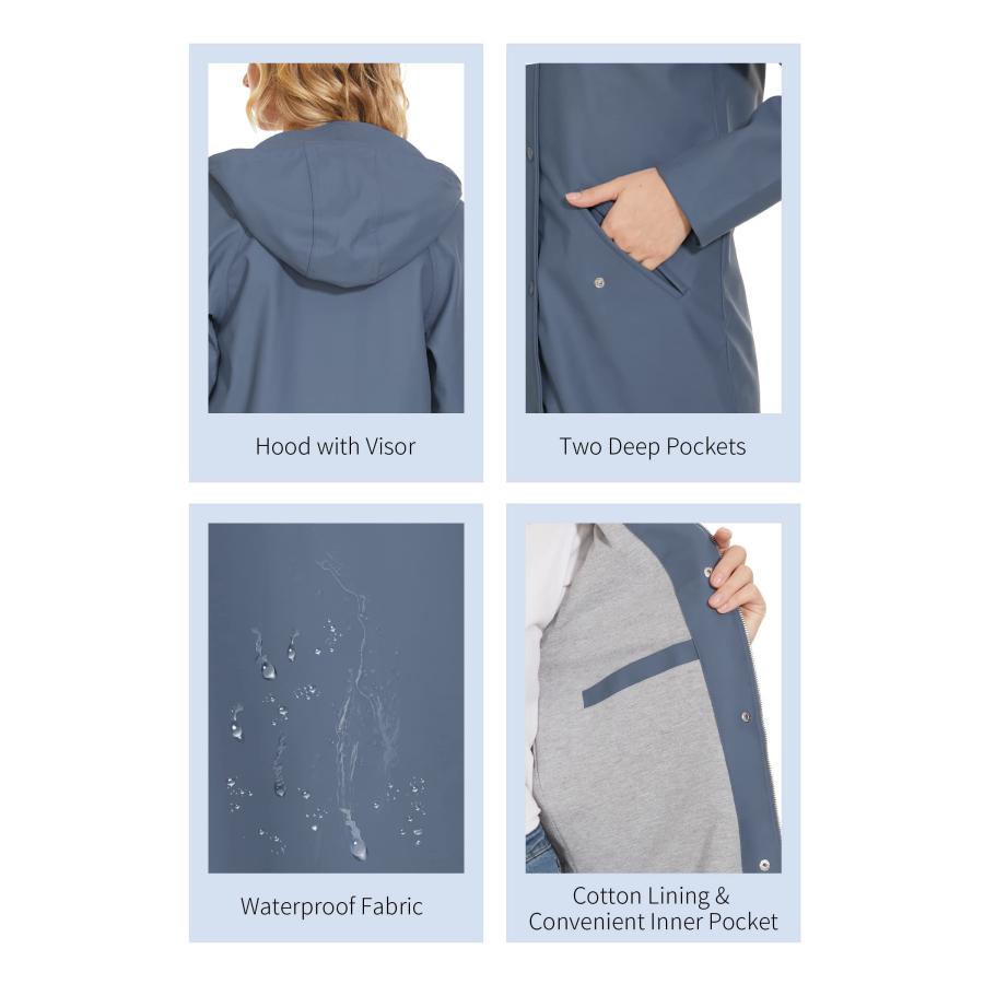 返品無料です Fahsyee Raincoat Women， Rain Jacket Waterproof Lined Rain Coat Hooded Windbreaker Trench Outdoor Active Blue Size M