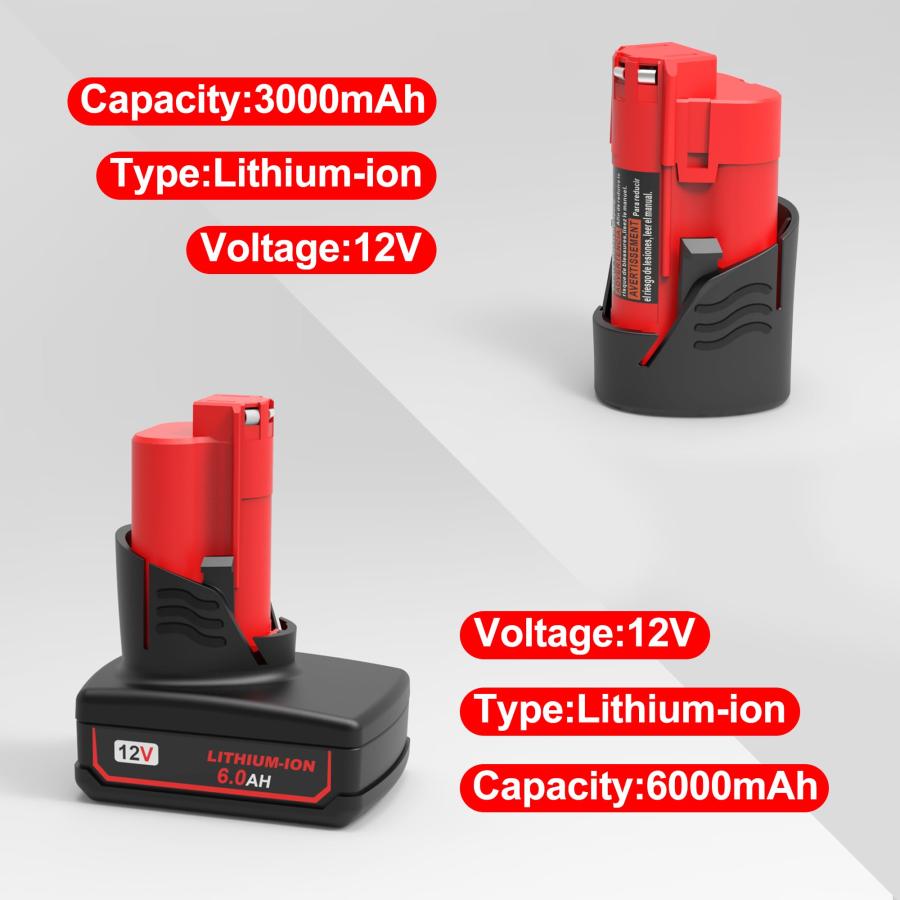 長期保管品 WORTHMAH Replacement for Milwaukee M12 Lithium-ion Battery 2 Packs 6.0Ah and 3.0Ah， for 48-11-2460 48-11-2440 Compatible with Milwaukee 12 Volt Cordle
