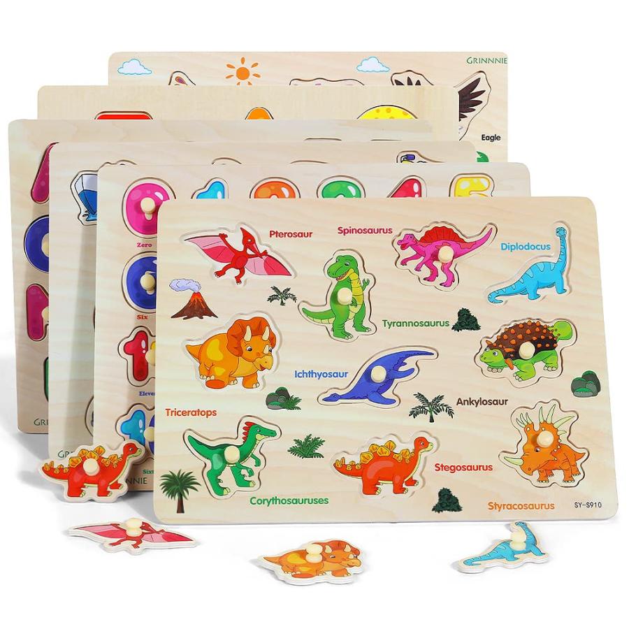 新入荷 GRINNNIE Wooden Peg Puzzle for Toddlers， 6 Pack Toddler Puzzles Set for 3 4 5 Years Old (Alphabet Number Shape Animal Dinosaur Vehicle)， Preschool Edu