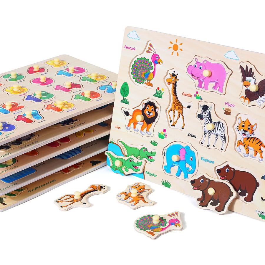 新入荷 GRINNNIE Wooden Peg Puzzle for Toddlers， 6 Pack Toddler Puzzles Set for 3 4 5 Years Old (Alphabet Number Shape Animal Dinosaur Vehicle)， Preschool Edu