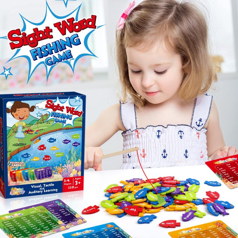 SpringFlower Wooden Magnetic Sight Word Fishing Game, Sight Word