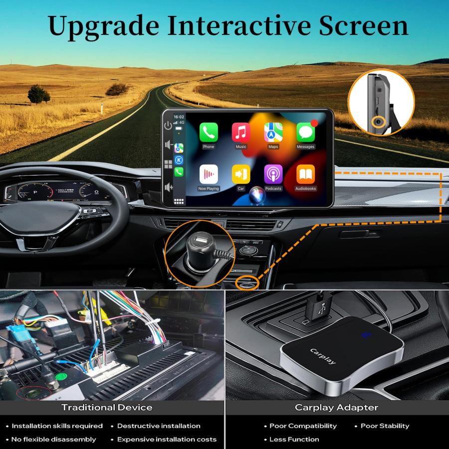 高額クーポン配布中 Wireless Carplay Screen for Car: Portable Car Stereo with Apple Car Play ＆ Android Auto - 7 Inch Touchscreen Portable Caplay with Mirror Link and Sir